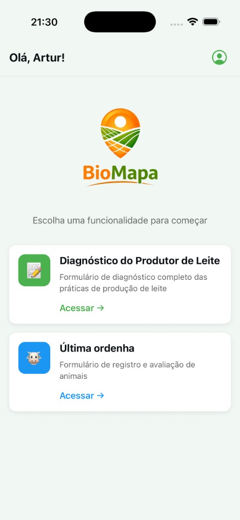 Tela de resultado do diagnóstico do produtor de leite no app BioMapa